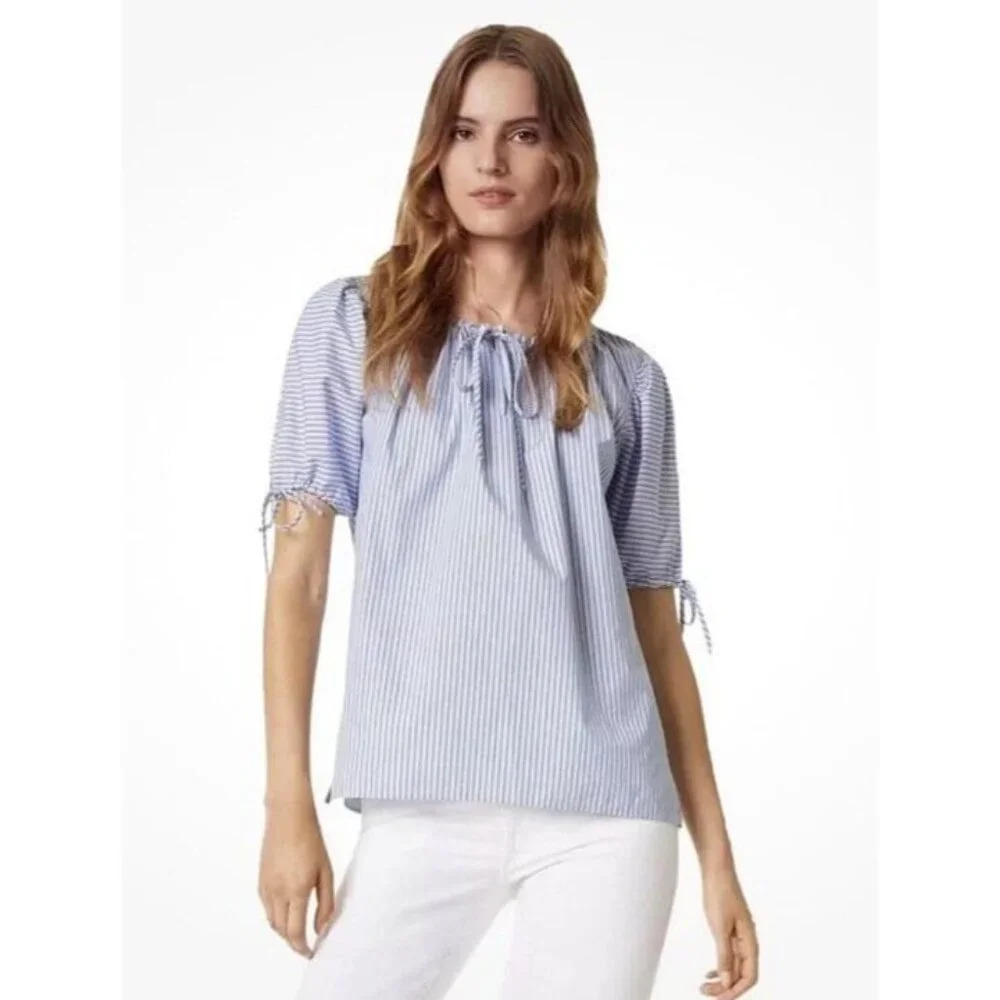 MED‎ Tory Burch Ariana Short Puff Sleeve Blouse with Ties Blue Ombre Stripes